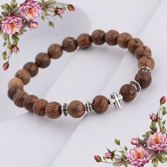 Christian Cross Natural Wooden Beaded Bracelet fall vibes autumn colors harvest - Picture 1 of 9